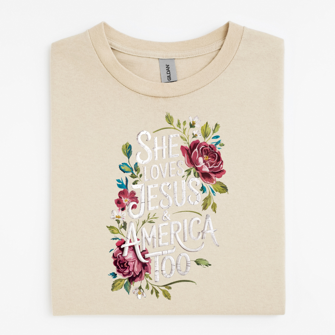 She Loves Jesus & America Too Floral Graphic Tee