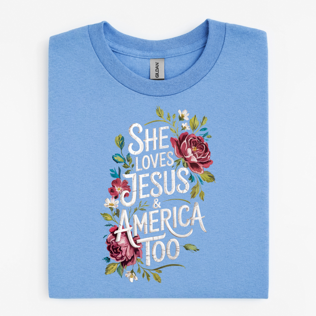 She Loves Jesus & America Too Floral Graphic Tee