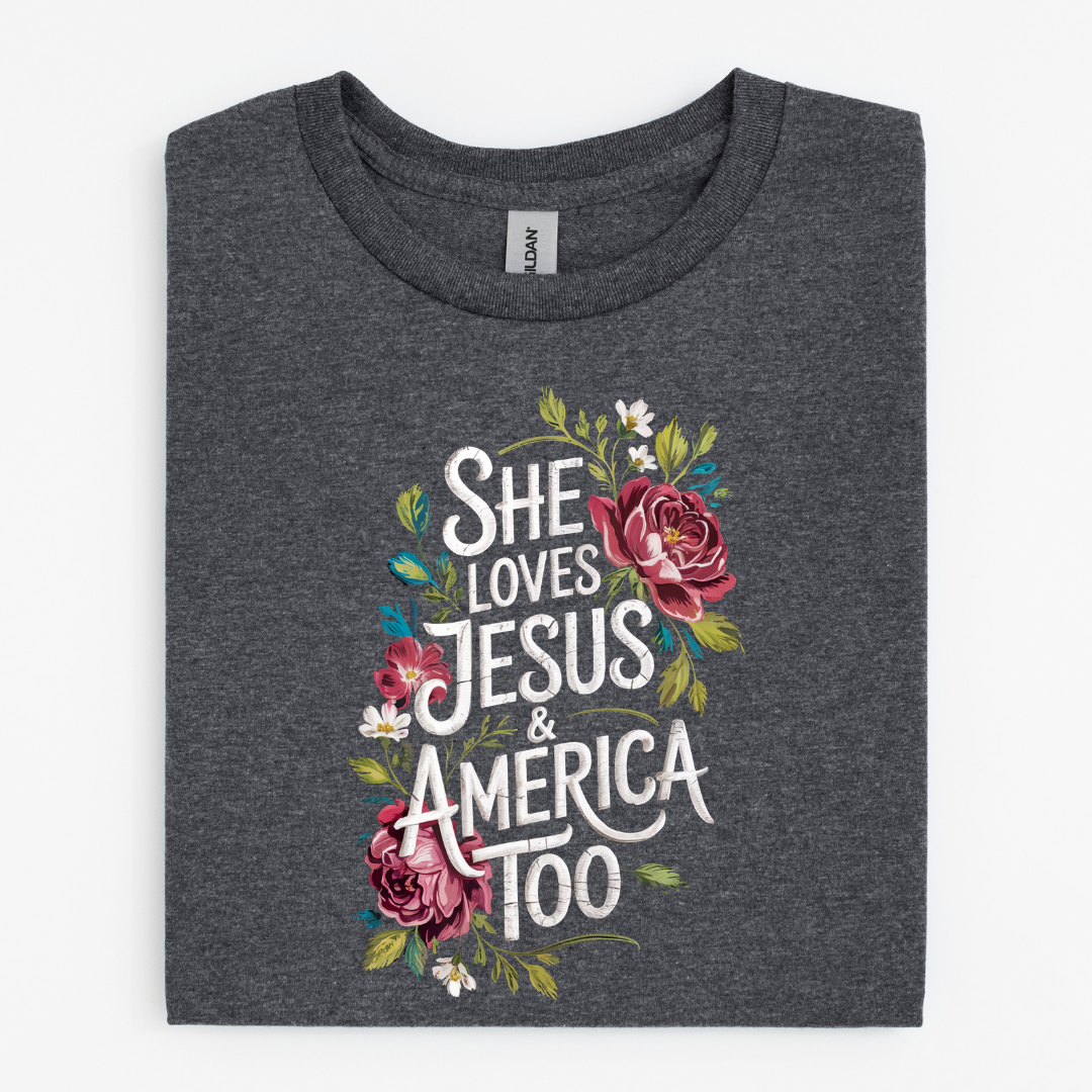 She Loves Jesus & America Too Floral Graphic Tee