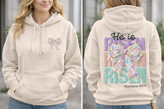 He Is Risen Hoodie – Faux Chunky Yarn Graphic Easter Sweatshirt-Front & Back Design
