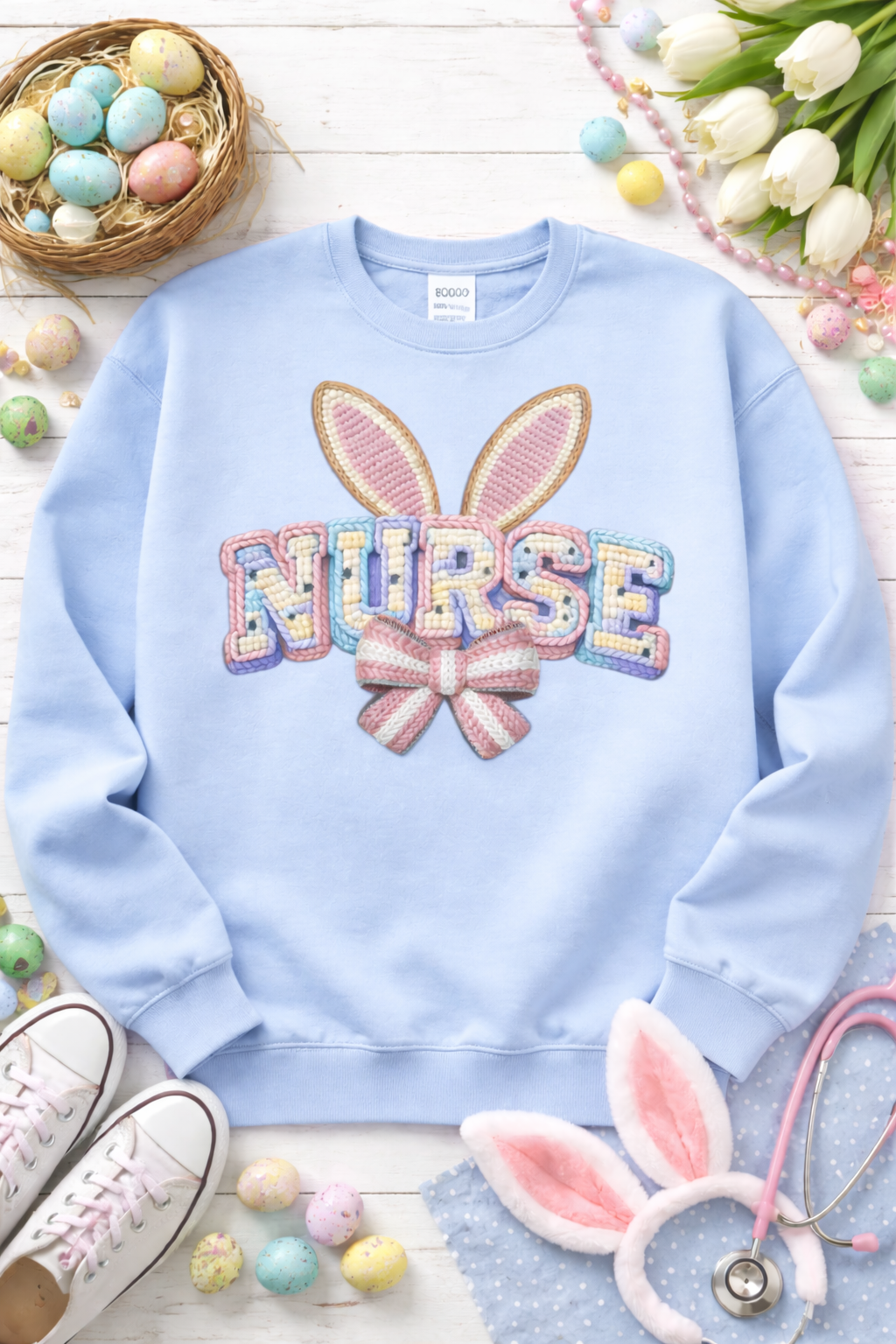 🐰 Faux Chunky Yarn “NURSE” Graphic Crewneck Sweatshirt