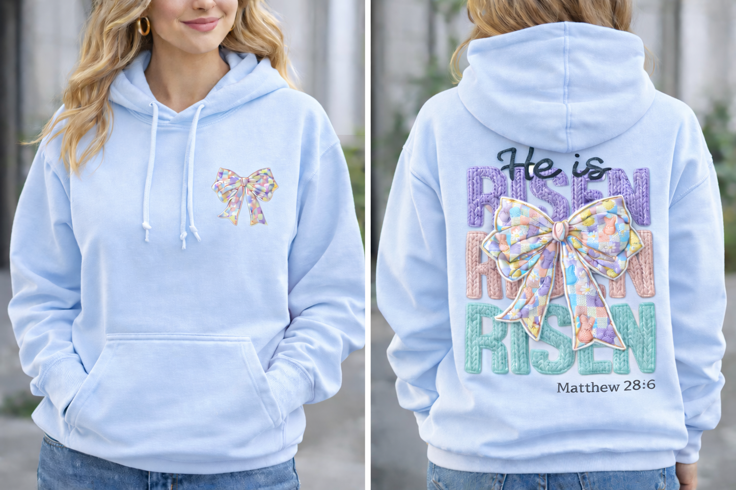 He Is Risen Hoodie – Faux Chunky Yarn Graphic Easter Sweatshirt-Front & Back Design