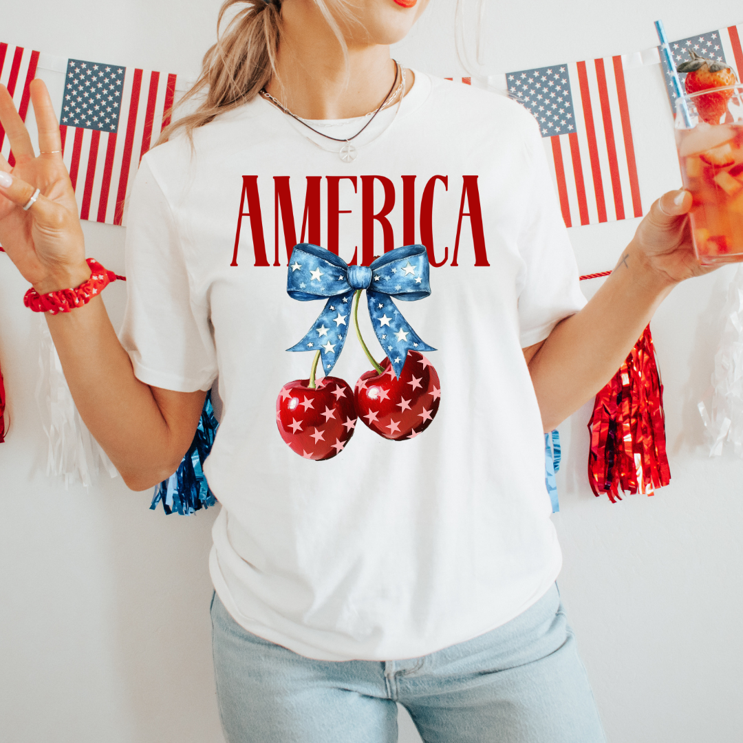 America Patriotic Cherry Bow Graphic Tee