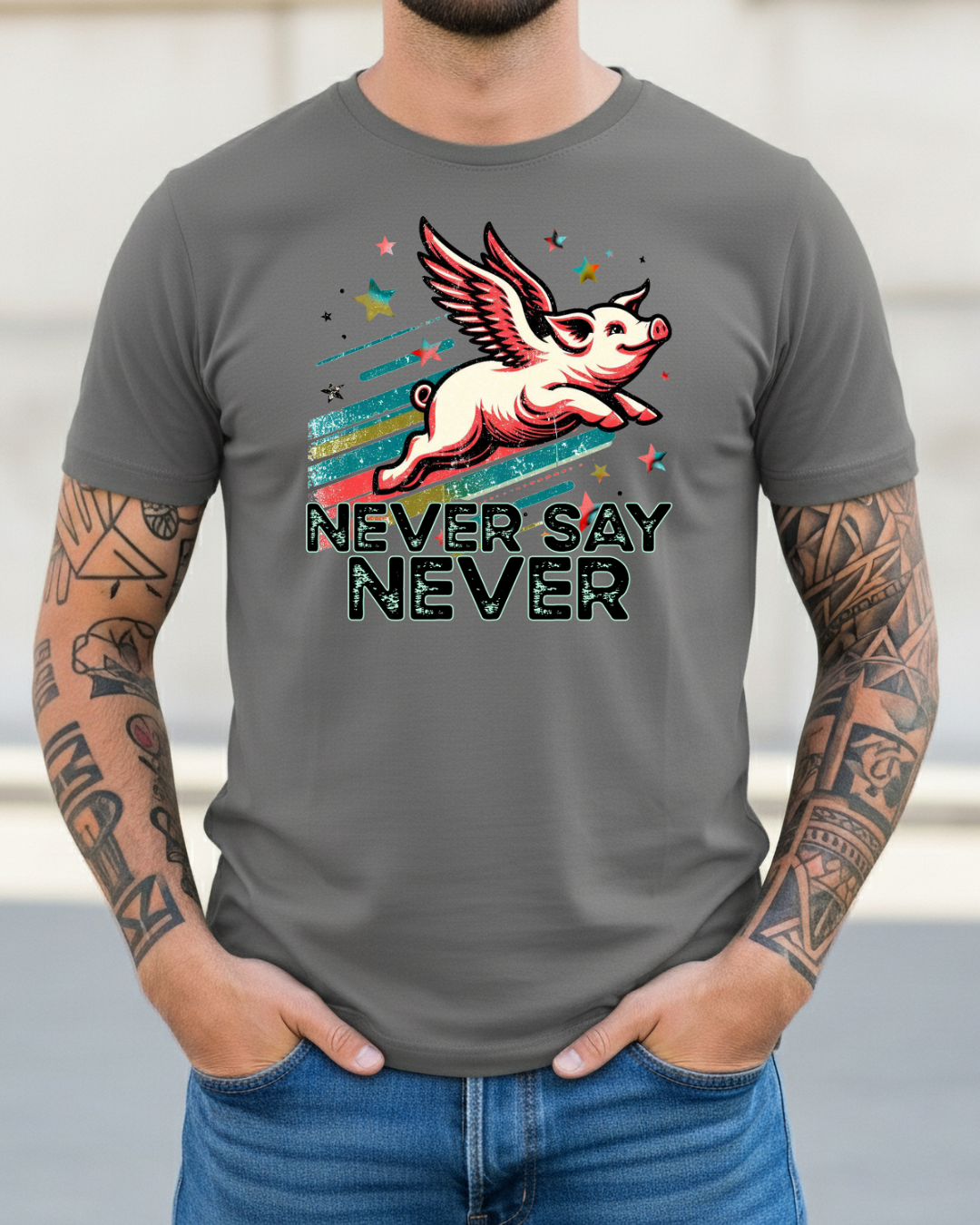 Never Say Never Flying Pig Shirt | Funny Motivational Graphic Tee |  Softstyle T-Shirt