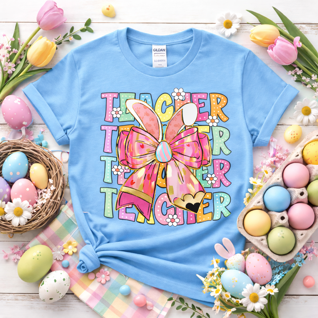 Easter Teacher Shirt – Bunny Bow Teacher Softstyle T-Shirt