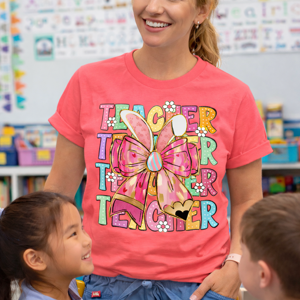 Easter Teacher Shirt – Bunny Bow Teacher Softstyle T-Shirt