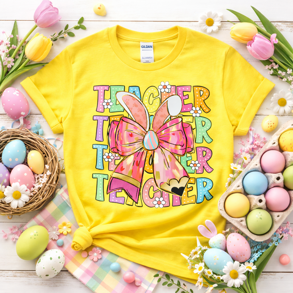 Easter Teacher Shirt – Bunny Bow Teacher Softstyle T-Shirt