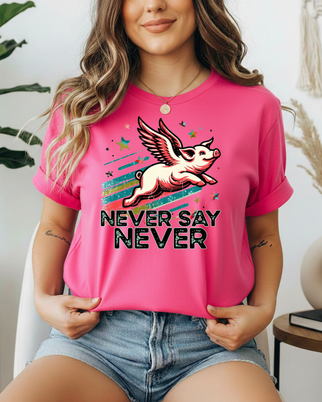 Never Say Never Flying Pig Shirt | Funny Motivational Graphic Tee |  Softstyle T-Shirt