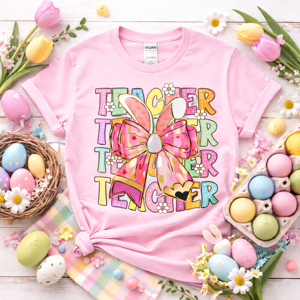 Easter Teacher Shirt – Bunny Bow Teacher Softstyle T-Shirt