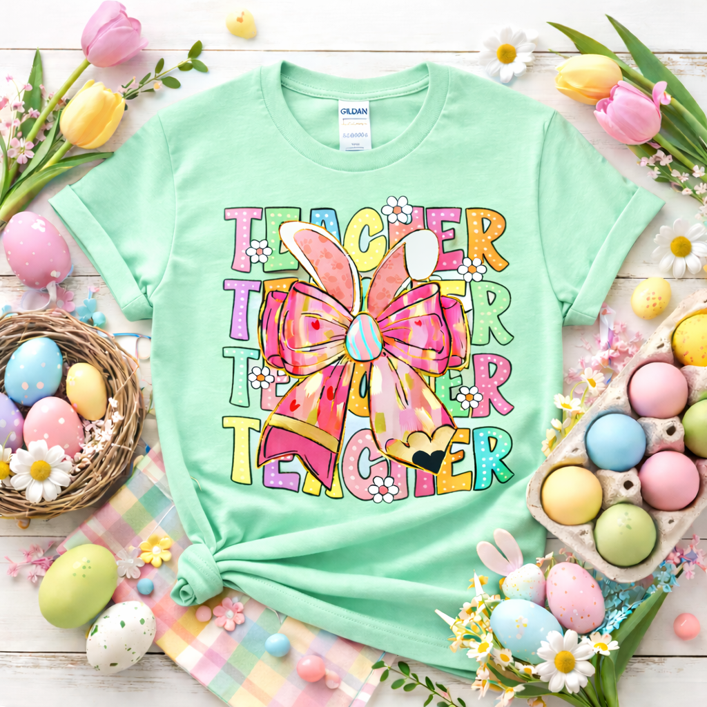 Easter Teacher Shirt – Bunny Bow Teacher Softstyle T-Shirt