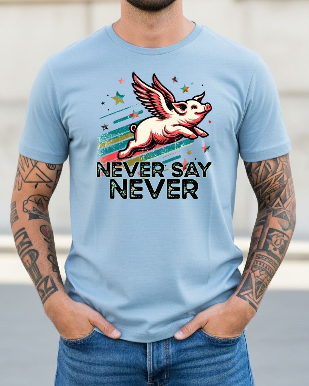 Never Say Never Flying Pig Shirt | Funny Motivational Graphic Tee |  Softstyle T-Shirt