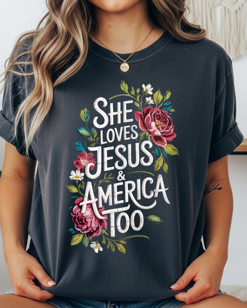 She Loves Jesus & America Too Graphic Tee