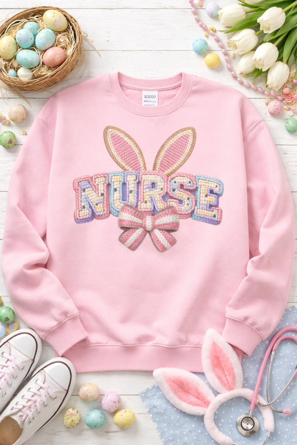 🐰 Faux Chunky Yarn “NURSE” Graphic Crewneck Sweatshirt