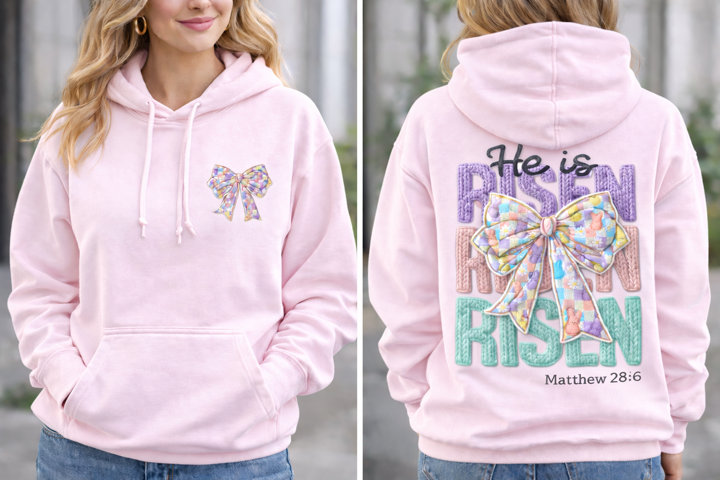 He Is Risen Hoodie – Faux Chunky Yarn Graphic Easter Sweatshirt-Front & Back Design