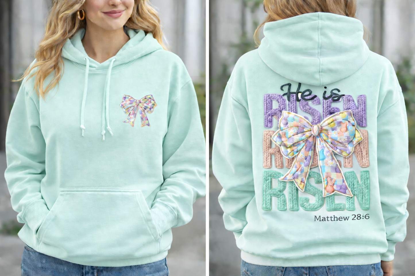 He Is Risen Hoodie – Faux Chunky Yarn Graphic Easter Sweatshirt-Front & Back Design