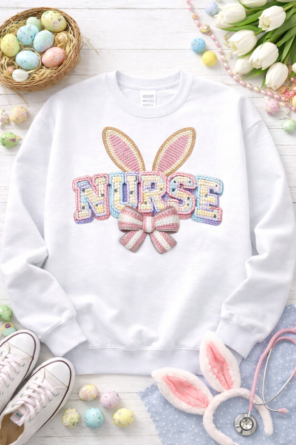 🐰 Faux Chunky Yarn “NURSE” Graphic Crewneck Sweatshirt