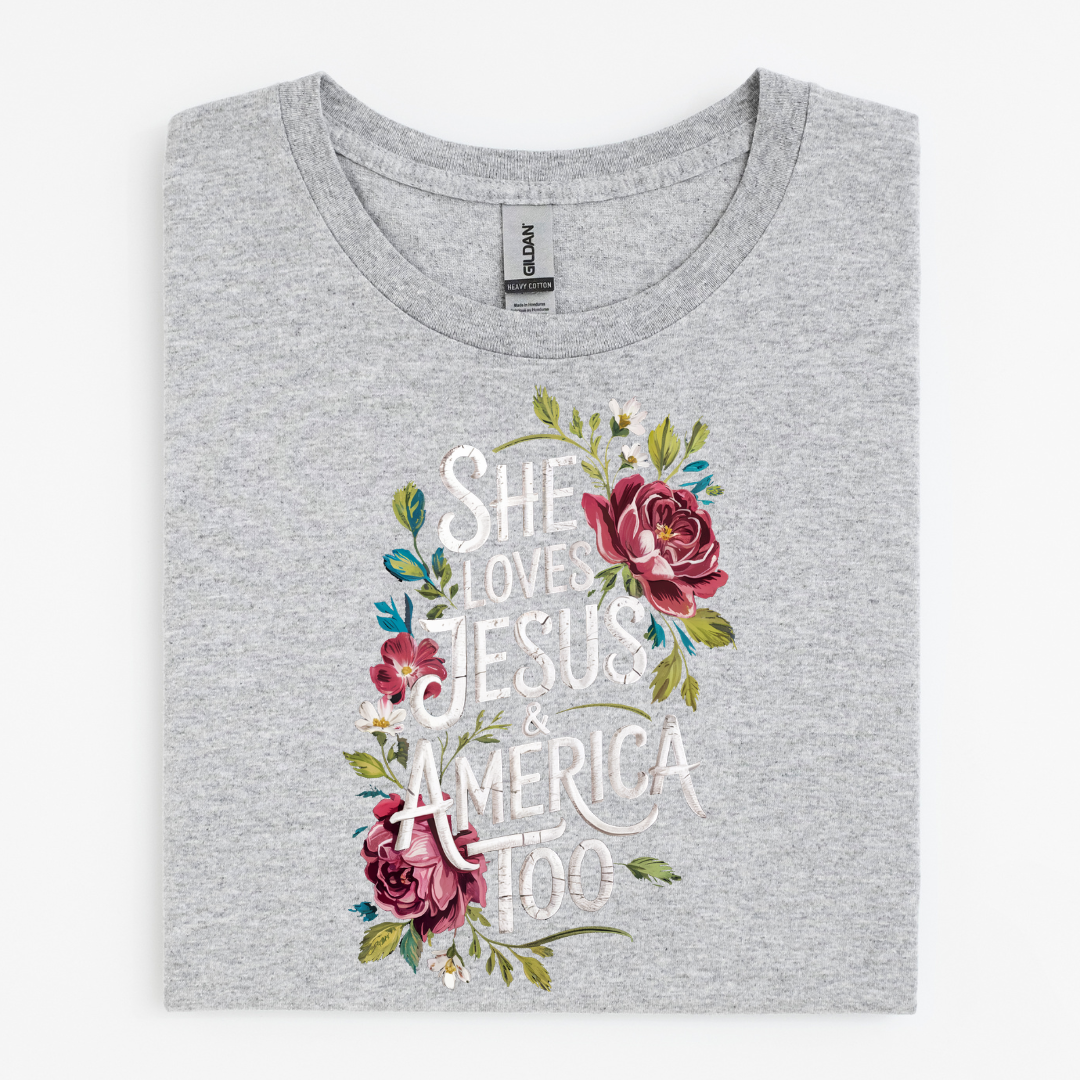 She Loves Jesus & America Too Floral Graphic Tee