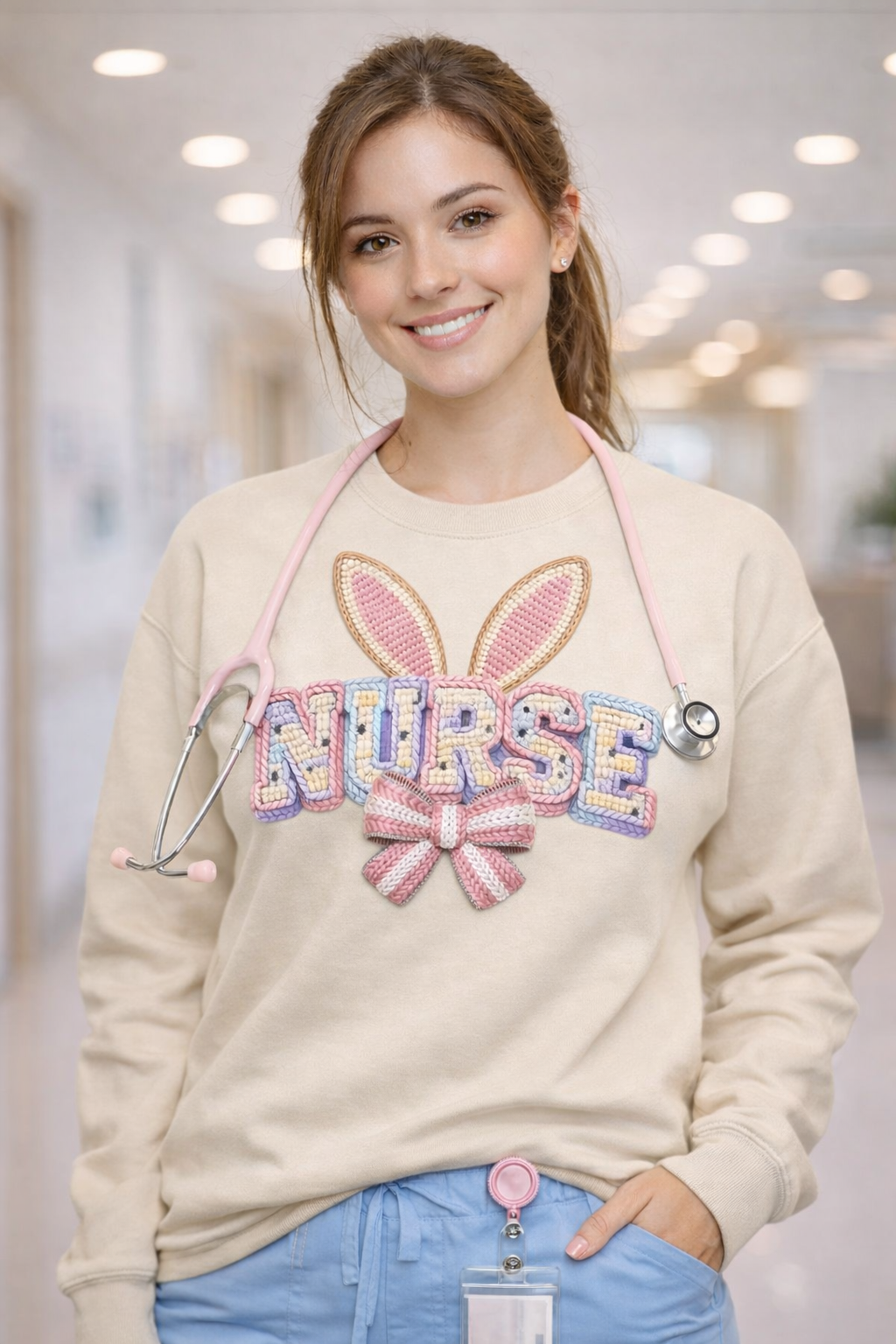 🐰 Faux Chunky Yarn “NURSE” Graphic Crewneck Sweatshirt
