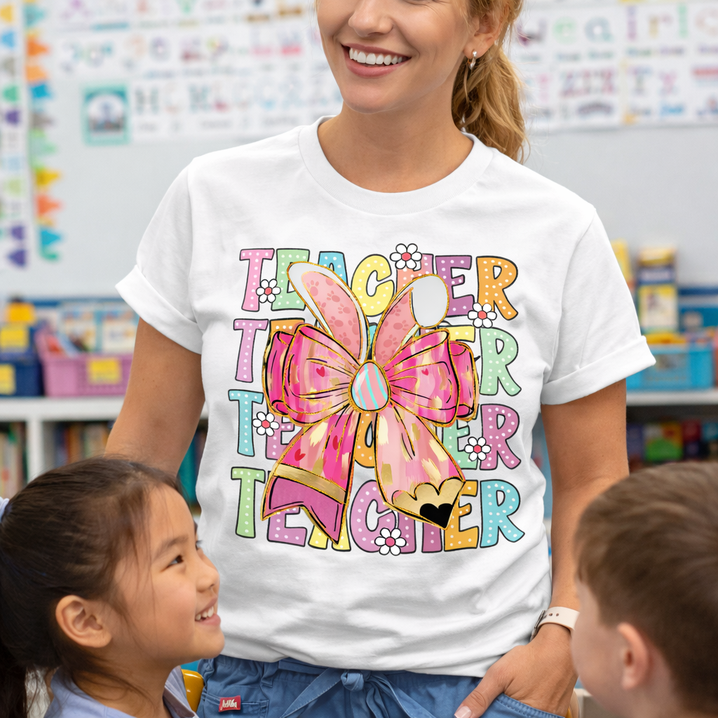 Easter Teacher Shirt – Bunny Bow Teacher Softstyle T-Shirt